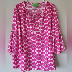 Papagallo Bell Sleeve Blouse Top With Pink and White Dragon Fly Pattern Size L